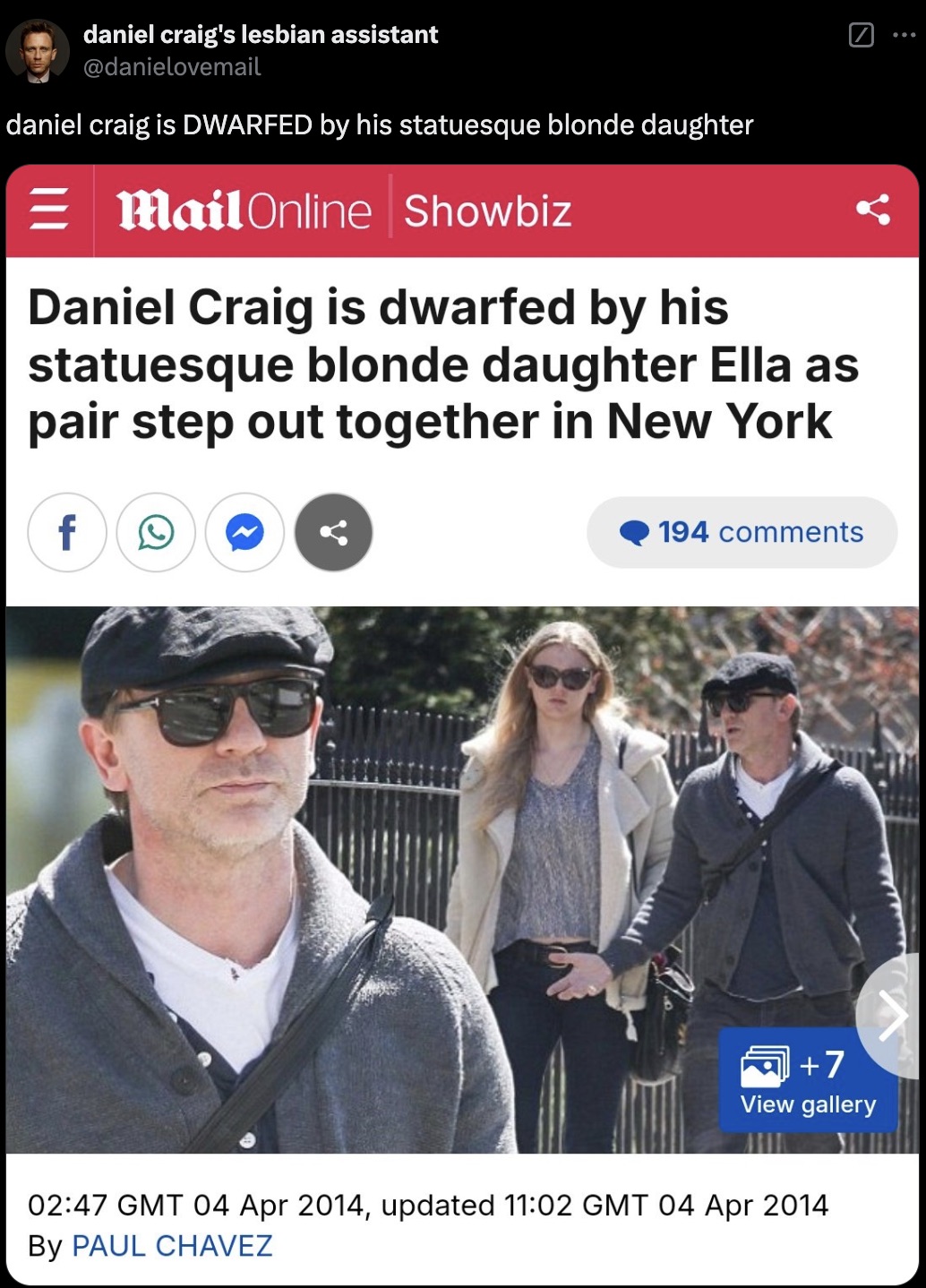 daniel craig's lesbian assistant daniel craig is Dwarfed by his statuesque blonde daughter Email Online Showbiz Daniel Craig is dwarfed by his statuesque blonde daughter Ella as pair step out together in New York f 194 7 View gallery Gmt , updated Gmt By…